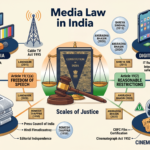 Infographic mind map illustrating Media Law in India including print, electronic, digital media, and landmark cases.