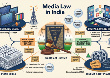 Infographic mind map illustrating Media Law in India including print, electronic, digital media, and landmark cases.