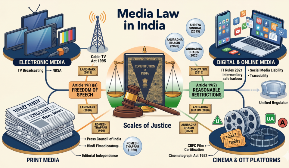 Infographic mind map illustrating Media Law in India including print, electronic, digital media, and landmark cases.