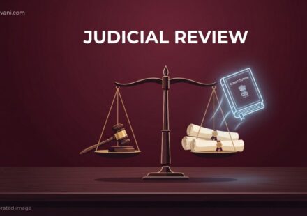 Conceptual illustration of Judicial Review in India showing the scales of justice balancing the Constitution and legal authority.