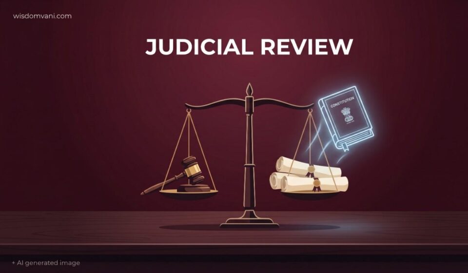 Conceptual illustration of Judicial Review in India showing the scales of justice balancing the Constitution and legal authority.