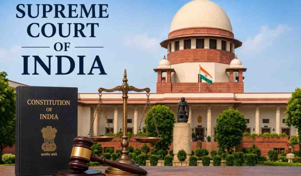 Supreme Court of India with Constitution book, gavel and scales of justice representing the landmark ruling on Scheduled Caste status after conversion to Christianity or Islam