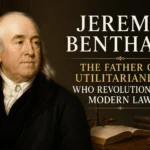 Portrait of Jeremy Bentham, the English philosopher and founder of utilitarianism, with a gavel and law books.