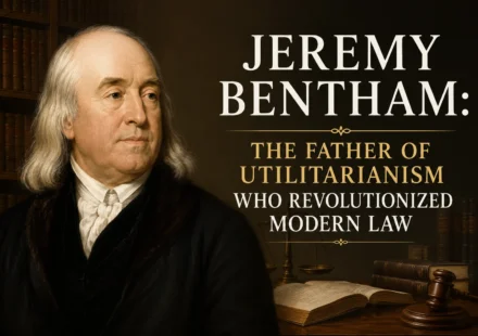Portrait of Jeremy Bentham, the English philosopher and founder of utilitarianism, with a gavel and law books.