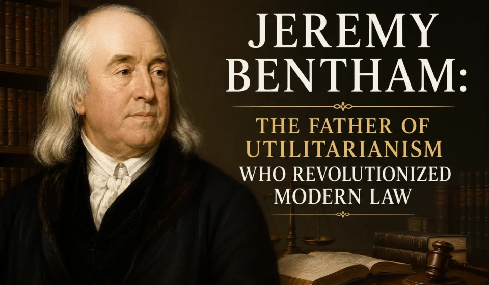 Portrait of Jeremy Bentham, the English philosopher and founder of utilitarianism, with a gavel and law books.
