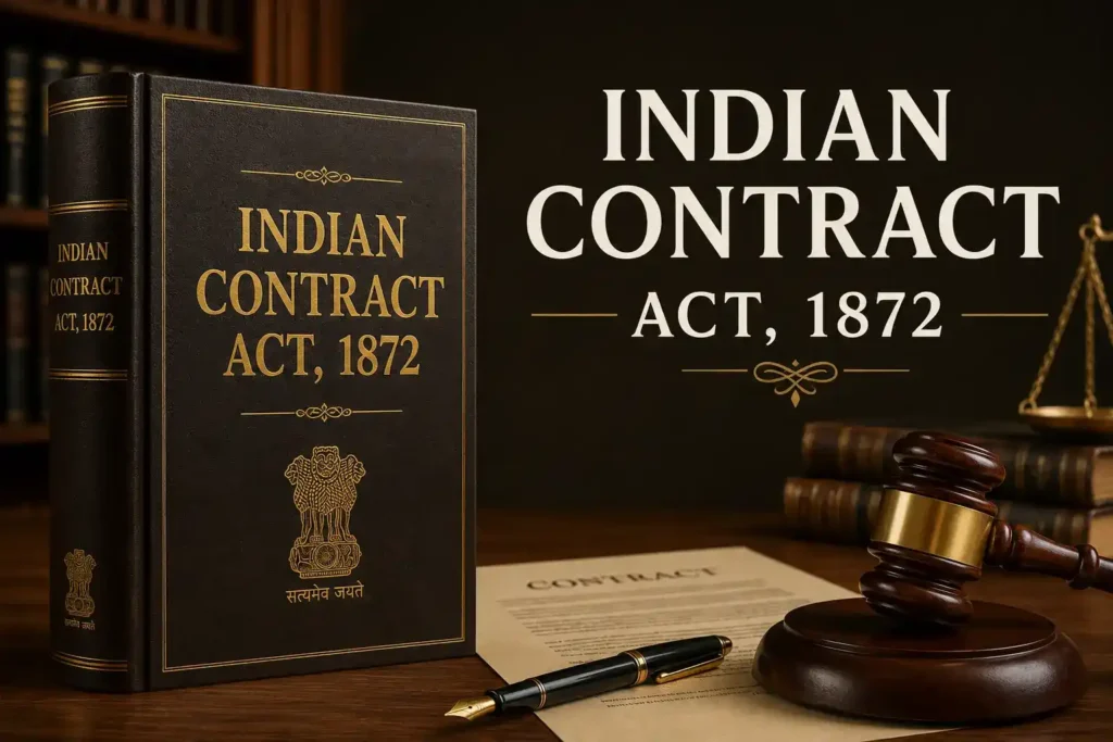 A law book titled Indian Contract Act, 1872 alongside a wooden gavel, pen, and document, representing contract law and the essentials of a valid contract.