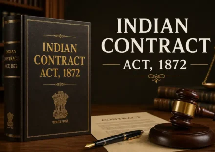 A law book titled Indian Contract Act, 1872 alongside a wooden gavel, pen, and document, representing contract law and the essentials of a valid contract.
