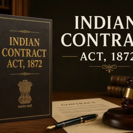 A law book titled Indian Contract Act, 1872 alongside a wooden gavel, pen, and document, representing contract law and the essentials of a valid contract.