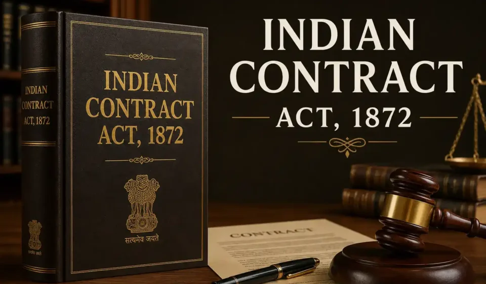 A law book titled Indian Contract Act, 1872 alongside a wooden gavel, pen, and document, representing contract law and the essentials of a valid contract.