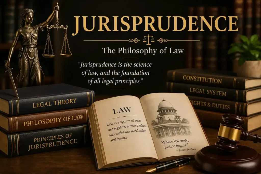 A legal-themed image showcasing the text Jurisprudence: The Philosophy of Law, law books, a wooden gavel, and the scales of justice representing legal philosophy.