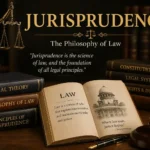 A legal-themed image showcasing the text Jurisprudence: The Philosophy of Law, law books, a wooden gavel, and the scales of justice representing legal philosophy.