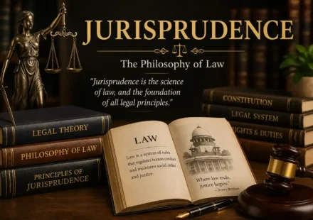 A legal-themed image showcasing the text Jurisprudence: The Philosophy of Law, law books, a wooden gavel, and the scales of justice representing legal philosophy.