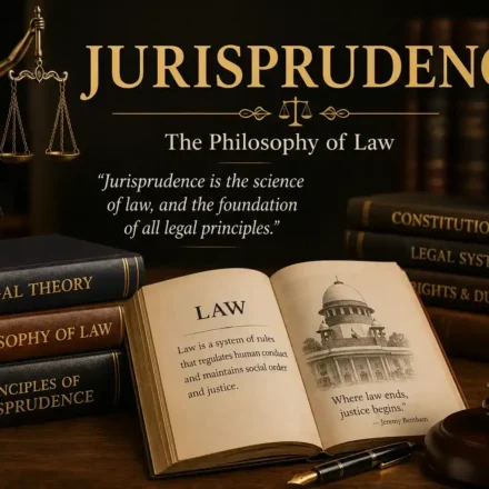 A legal-themed image showcasing the text Jurisprudence: The Philosophy of Law, law books, a wooden gavel, and the scales of justice representing legal philosophy.