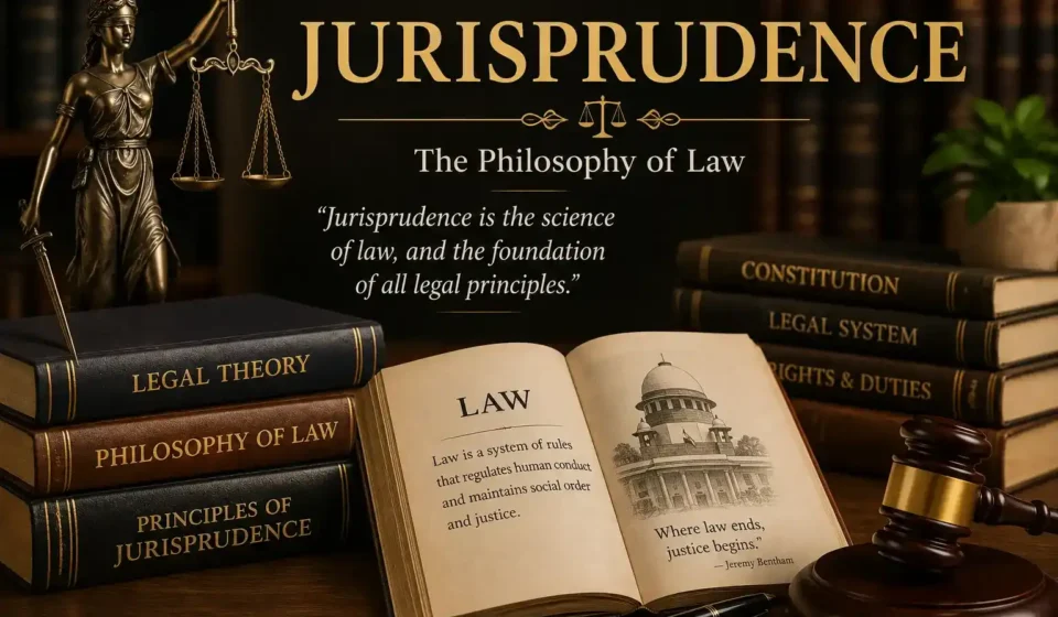 A legal-themed image showcasing the text Jurisprudence: The Philosophy of Law, law books, a wooden gavel, and the scales of justice representing legal philosophy.