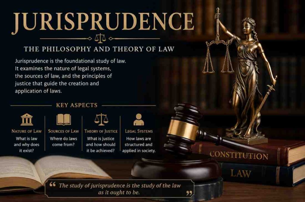 An educational infographic about Jurisprudence, defining it as the philosophy and theory of law, featuring a statue of Lady Justice and a legal gavel.