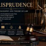 An educational infographic about Jurisprudence, defining it as the philosophy and theory of law, featuring a statue of Lady Justice and a legal gavel.