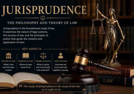 An educational infographic about Jurisprudence, defining it as the philosophy and theory of law, featuring a statue of Lady Justice and a legal gavel.