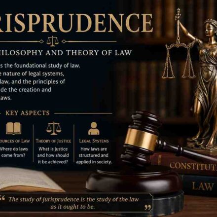 An educational infographic about Jurisprudence, defining it as the philosophy and theory of law, featuring a statue of Lady Justice and a legal gavel.