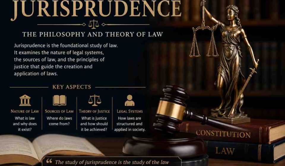An educational infographic about Jurisprudence, defining it as the philosophy and theory of law, featuring a statue of Lady Justice and a legal gavel.