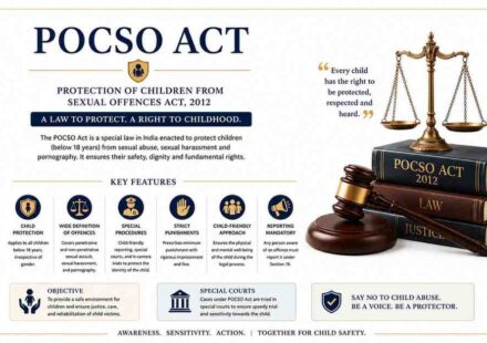 An educational infographic detailing the POCSO Act 2012 in India, featuring its key features, a legal gavel, law books, and the scales of justice.