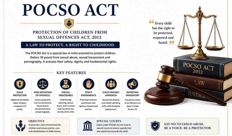 An educational infographic detailing the POCSO Act 2012 in India, featuring its key features, a legal gavel, law books, and the scales of justice.