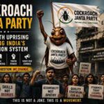 A protest poster featuring a massive, friendly-looking cockroach wearing a t-shirt that says "COCKROACH JANTA PARTY" and holding a flag. Behind it, a crowd of young students with raised fists holds signs demand "BETTER EDUCATION" and "EQUAL OPPORTUNITIES," set against a crumbling building with "UNEMPLOYMENT" and "LACK OF INFRASTRUCTURE" text.