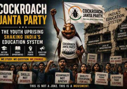 A protest poster featuring a massive, friendly-looking cockroach wearing a t-shirt that says "COCKROACH JANTA PARTY" and holding a flag. Behind it, a crowd of young students with raised fists holds signs demand "BETTER EDUCATION" and "EQUAL OPPORTUNITIES," set against a crumbling building with "UNEMPLOYMENT" and "LACK OF INFRASTRUCTURE" text.