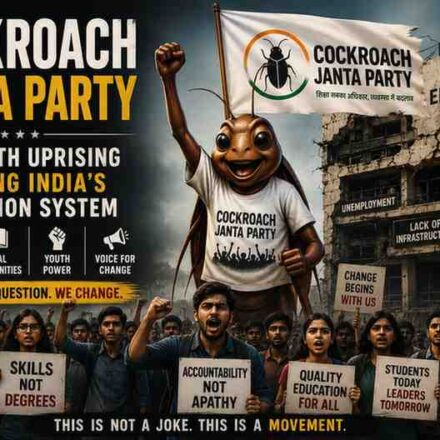 A protest poster featuring a massive, friendly-looking cockroach wearing a t-shirt that says "COCKROACH JANTA PARTY" and holding a flag. Behind it, a crowd of young students with raised fists holds signs demand "BETTER EDUCATION" and "EQUAL OPPORTUNITIES," set against a crumbling building with "UNEMPLOYMENT" and "LACK OF INFRASTRUCTURE" text.