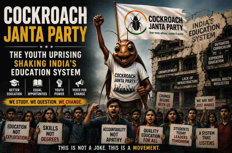 A protest poster featuring a massive, friendly-looking cockroach wearing a t-shirt that says "COCKROACH JANTA PARTY" and holding a flag. Behind it, a crowd of young students with raised fists holds signs demand "BETTER EDUCATION" and "EQUAL OPPORTUNITIES," set against a crumbling building with "UNEMPLOYMENT" and "LACK OF INFRASTRUCTURE" text.