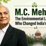 Portrait of M.C. Mehta, the renowned Indian environmental lawyer, with the Supreme Court of India in the background.