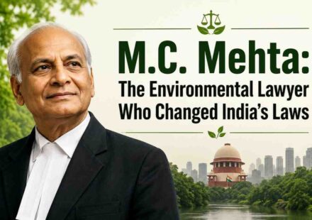 Portrait of M.C. Mehta, the renowned Indian environmental lawyer, with the Supreme Court of India in the background.