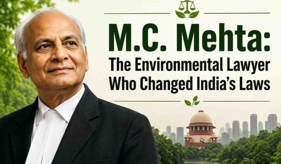 Portrait of M.C. Mehta, the renowned Indian environmental lawyer, with the Supreme Court of India in the background.