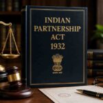 Indian Partnership Act 1932 law book with gavel and scales of justice representing MCQs and legal exam preparation.