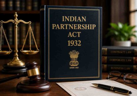 Indian Partnership Act 1932 law book with gavel and scales of justice representing MCQs and legal exam preparation.