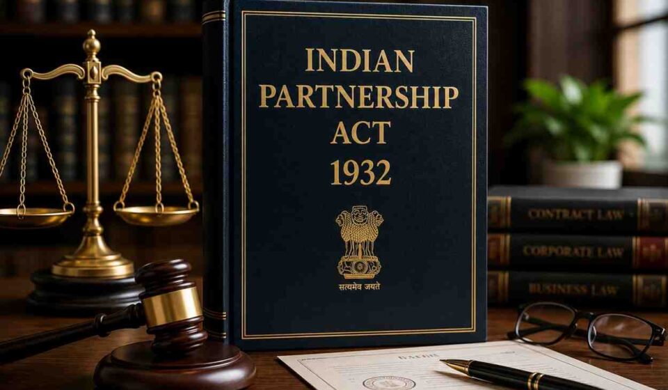 Indian Partnership Act 1932 law book with gavel and scales of justice representing MCQs and legal exam preparation.