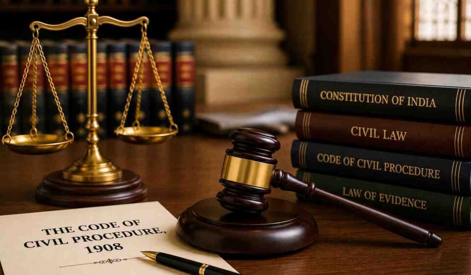 The Code of Civil Procedure 1908 with gavel, scales of justice and law books representing CPC jurisdiction and civil procedure in India