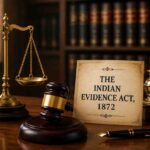 The Indian Evidence Act, 1872 with judge's gavel, scales of justice, and legal books representing MCQs and law exam preparation.