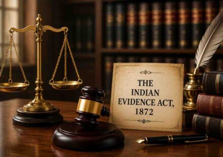 The Indian Evidence Act, 1872 with judge's gavel, scales of justice, and legal books representing MCQs and law exam preparation.