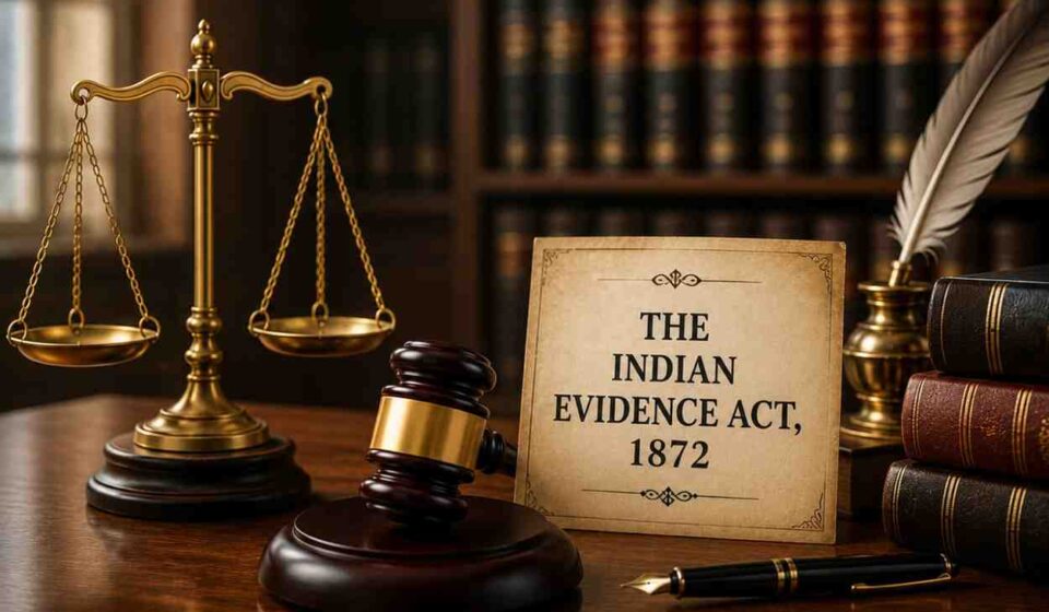 The Indian Evidence Act, 1872 with judge's gavel, scales of justice, and legal books representing MCQs and law exam preparation.