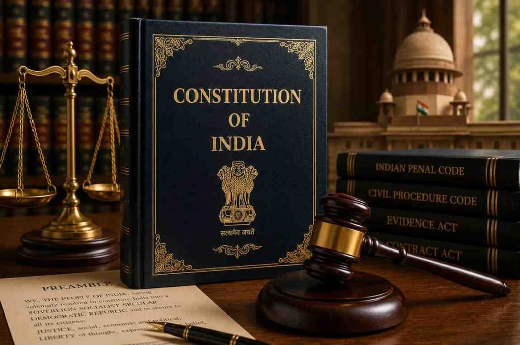 Constitution of India book with scales of justice, gavel, and legal codes on wooden table - representing writs and constitutional rights