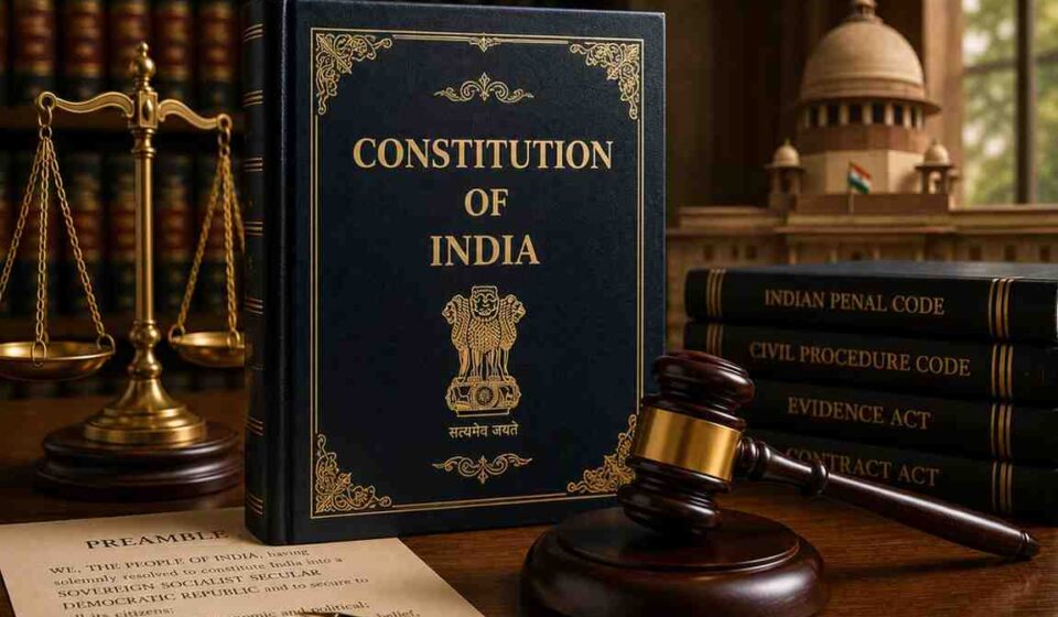 What Are Writs? Types, Uses, and How They Protect Your Legal Rights Constitution of India book with scales of justice, gavel, and legal codes on wooden table - representing writs and constitutional rights
