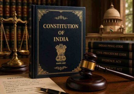 A copy of the Constitution of India placed next to a wooden gavel and a copy of the Preamble, representing the Indian legal and judicial system.