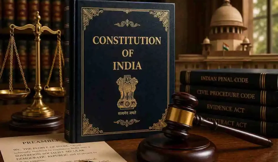 Constitution of India book with a judicial gavel, scales of justice, and the Supreme Court in the background, representing Fundamental Rights and Indian law.