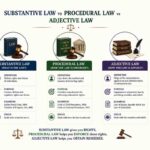 Comparison of Substantive Law, Procedural Law, and Adjective Law with legal icons, law books, and simplified legal concepts.