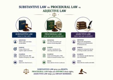 Comparison of Substantive Law, Procedural Law, and Adjective Law with legal icons, law books, and simplified legal concepts.