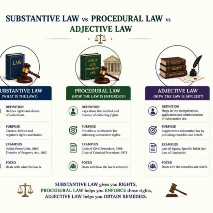 Comparison of Substantive Law, Procedural Law, and Adjective Law with legal icons, law books, and simplified legal concepts.