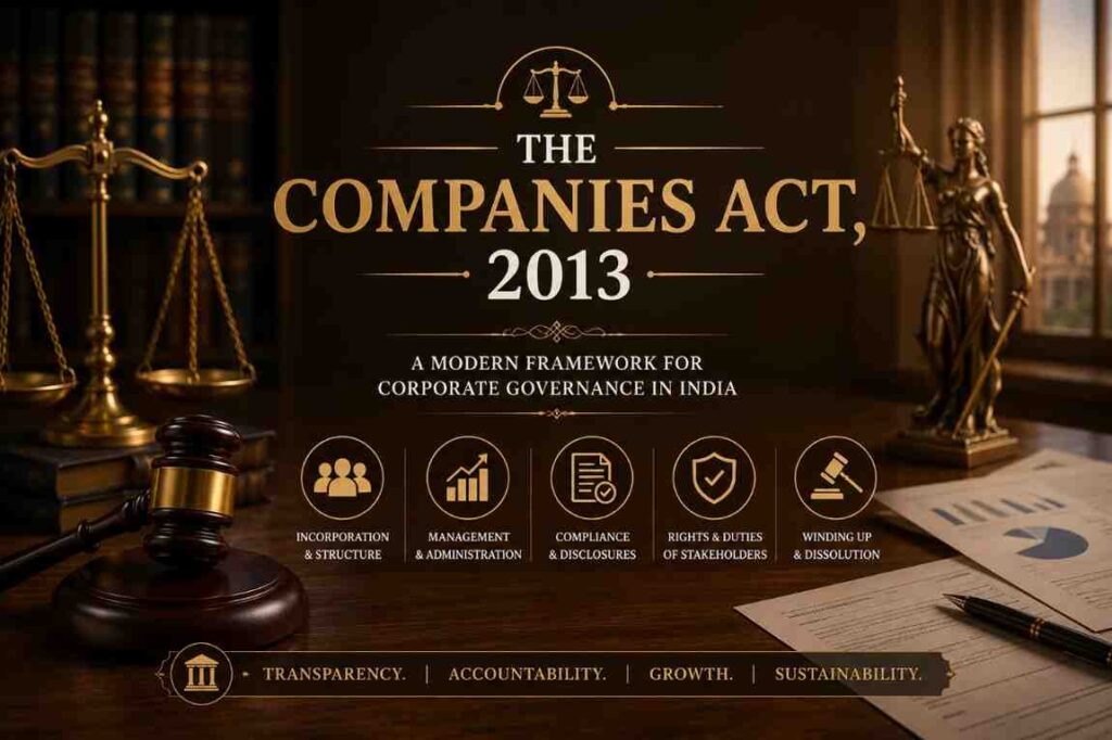The Companies Act 2013 – A modern framework for corporate governance in India with gavel, scales of justice and legal documents