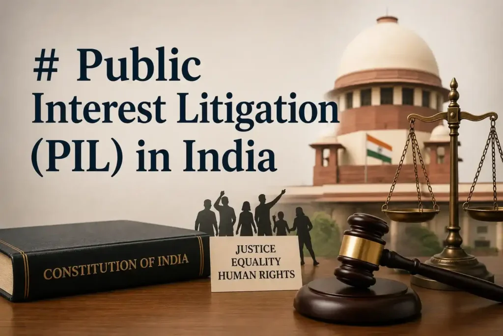 Public Interest Litigation (PIL) in India text with the Supreme Court building, Constitution of India book, scales of justice, and a judicial gavel.
