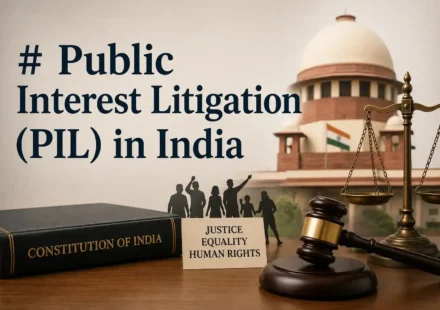 Public Interest Litigation (PIL) in India text with the Supreme Court building, Constitution of India book, scales of justice, and a judicial gavel.