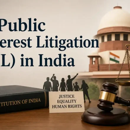 Public Interest Litigation (PIL) in India text with the Supreme Court building, Constitution of India book, scales of justice, and a judicial gavel.